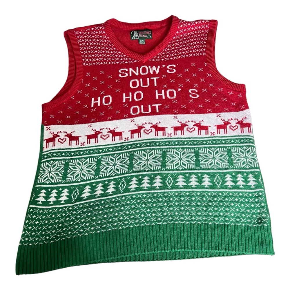 Ugly Christmas Sweater Knit Sweater Vest Ho’s Out Funny Holiday Men’s Large